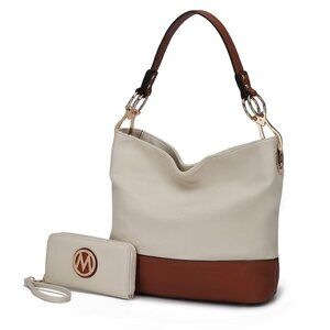 MKF Collection Purse Tote & Clutch Cream Tan Gold Vegan Leather Hobo Bag